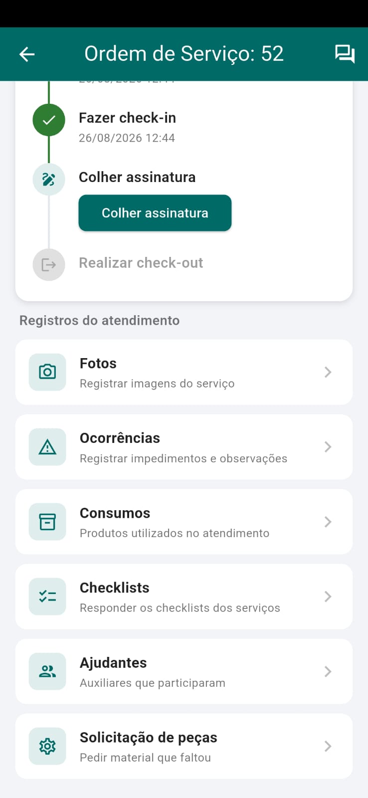 Atividades e checklist da OS no aplicativo TaskCheck