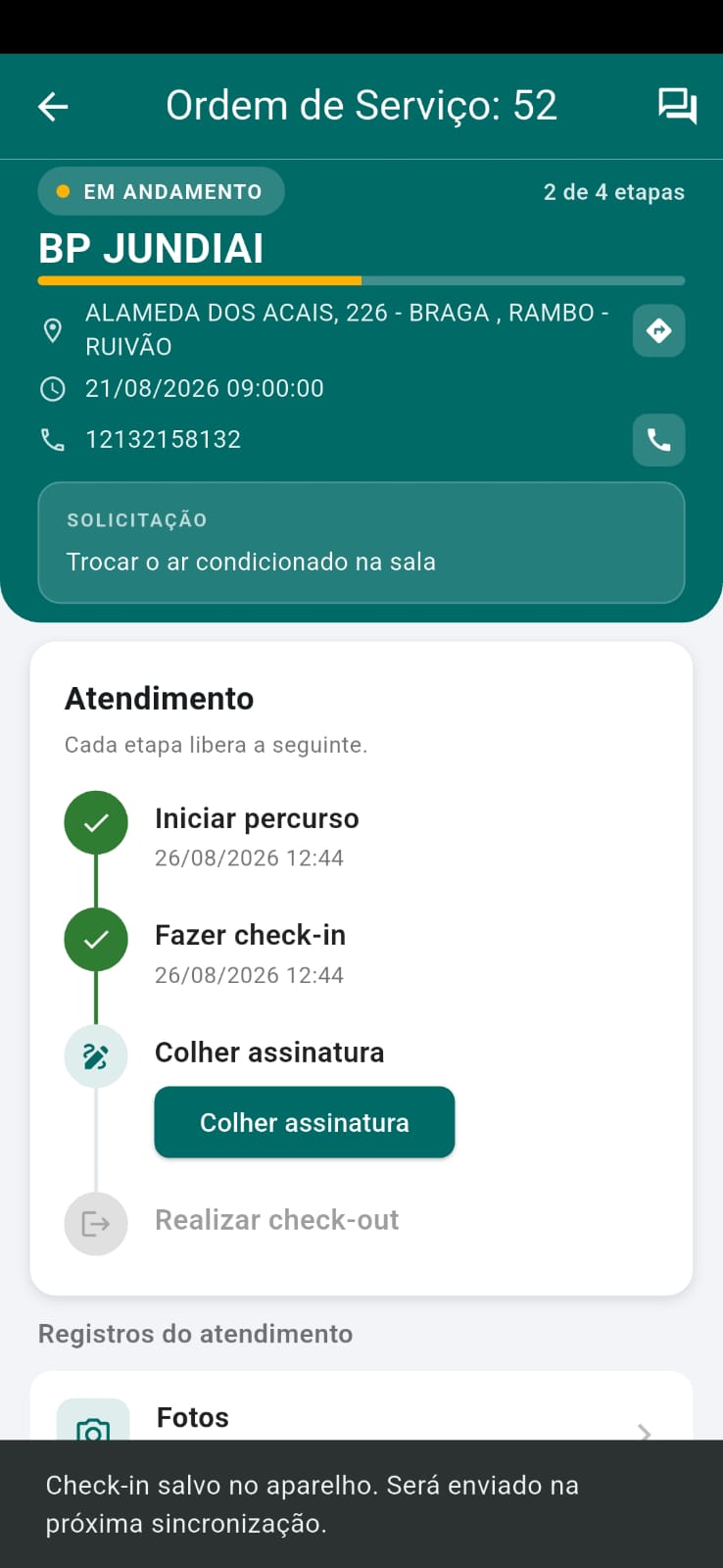 Check-in realizado no cliente no aplicativo TaskCheck
