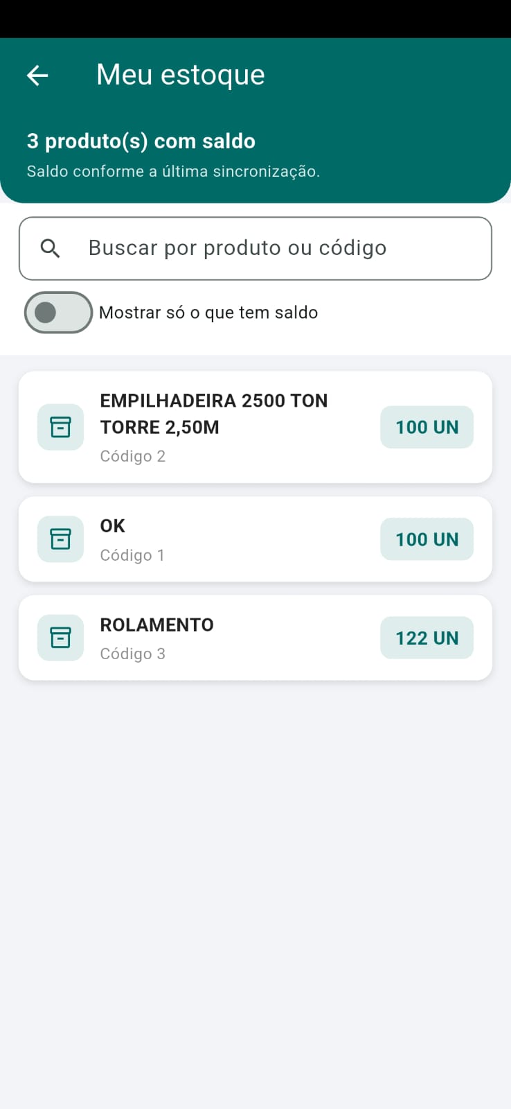 Estoque do técnico no aplicativo TaskCheck