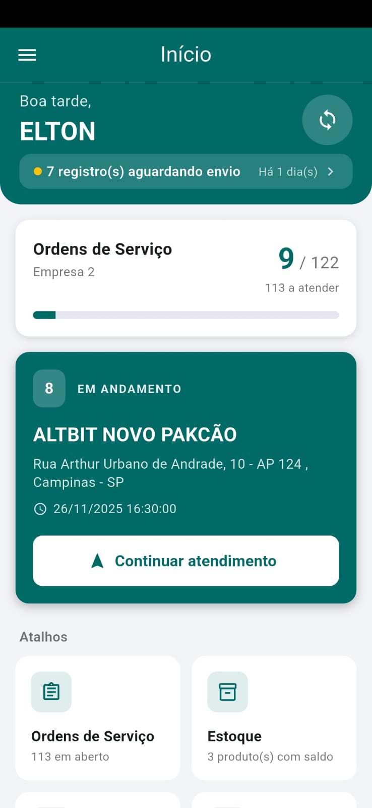 Tela inicial do aplicativo TaskCheck com ordens de serviço do dia
