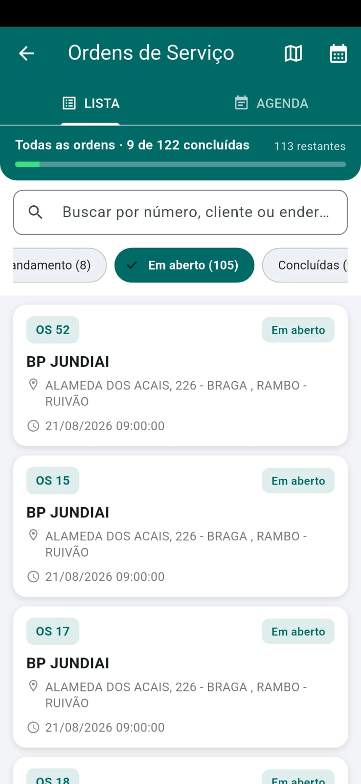 Lista de ordens de serviço no aplicativo TaskCheck