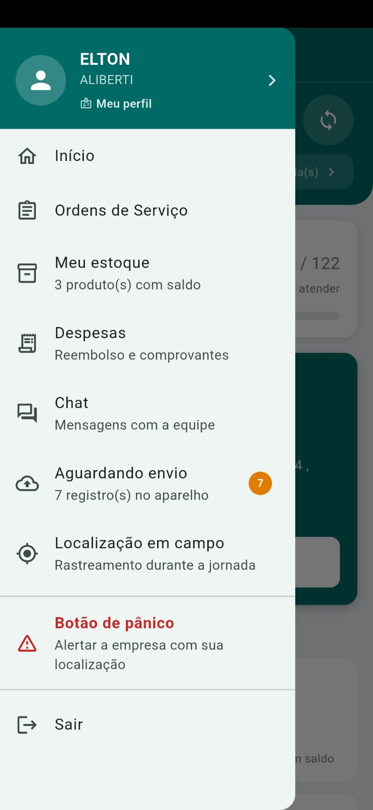 Menu do técnico no aplicativo TaskCheck